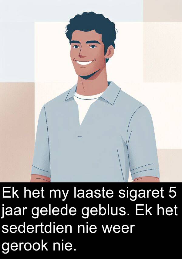 gelede: Ek het my laaste sigaret 5 jaar gelede geblus. Ek het sedertdien nie weer gerook nie.