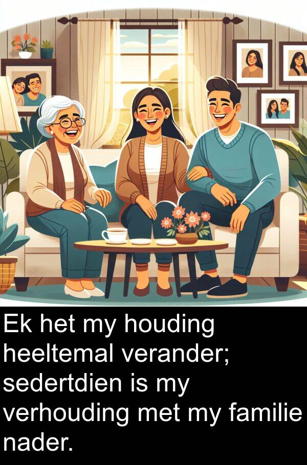 familie: Ek het my houding heeltemal verander; sedertdien is my verhouding met my familie nader.