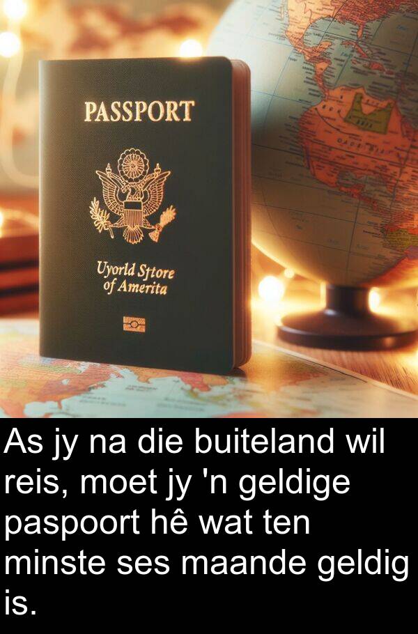 geldig: As jy na die buiteland wil reis, moet jy 'n geldige paspoort hê wat ten minste ses maande geldig is.