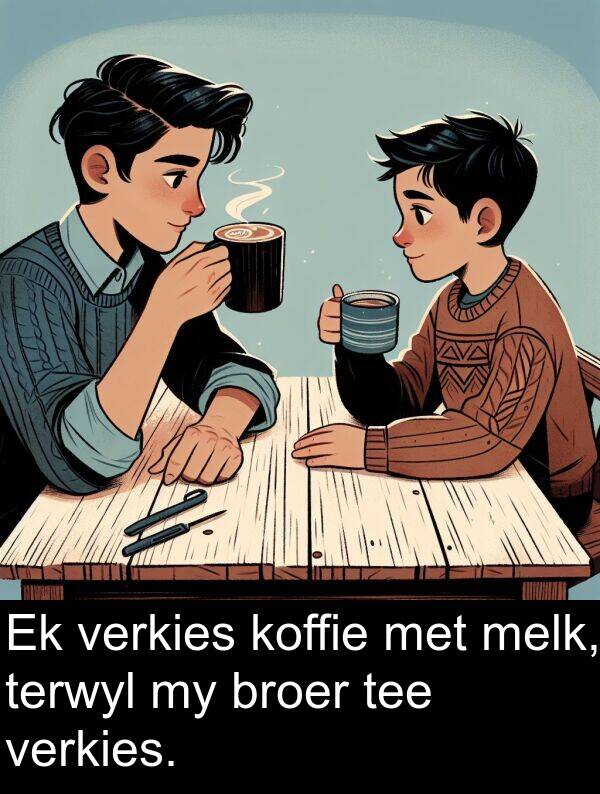 terwyl: Ek verkies koffie met melk, terwyl my broer tee verkies.