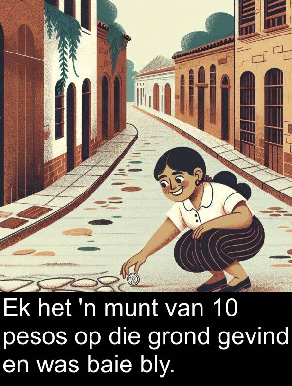 pesos: Ek het 'n munt van 10 pesos op die grond gevind en was baie bly.