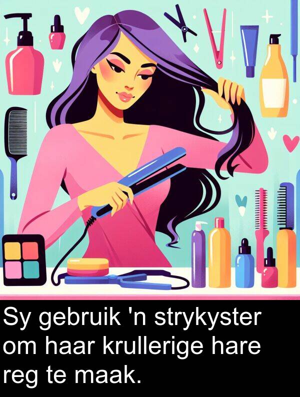 gebruik: Sy gebruik 'n strykyster om haar krullerige hare reg te maak.