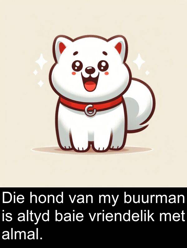 hond: Die hond van my buurman is altyd baie vriendelik met almal.