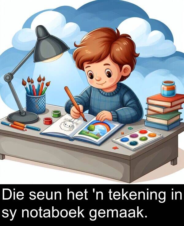 tekening: Die seun het 'n tekening in sy notaboek gemaak.