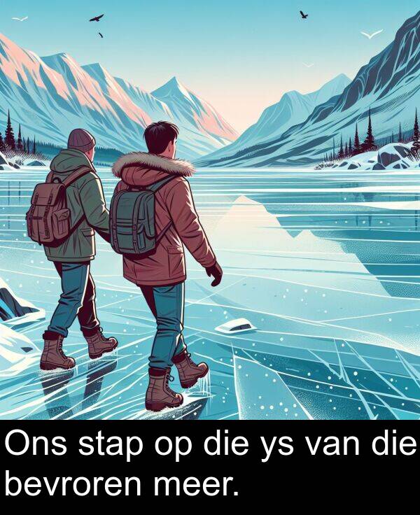 meer: Ons stap op die ys van die bevroren meer.