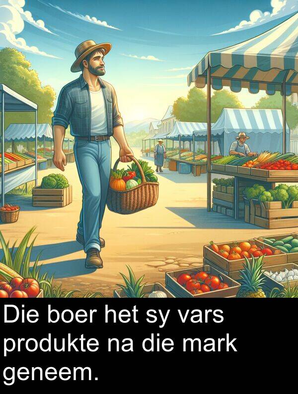 produkte: Die boer het sy vars produkte na die mark geneem.