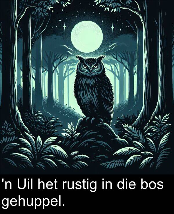 het: 'n Uil het rustig in die bos gehuppel.