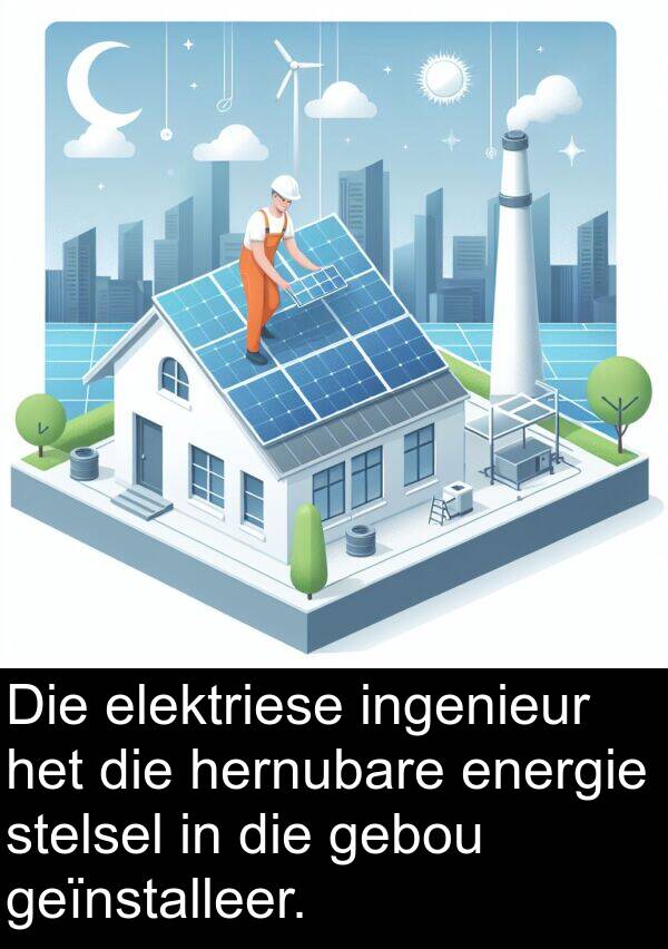 geïnstalleer: Die elektriese ingenieur het die hernubare energie stelsel in die gebou geïnstalleer.