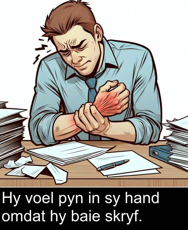 hand: Hy voel pyn in sy hand omdat hy baie skryf.