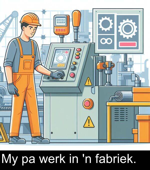 fabriek: My pa werk in 'n fabriek.