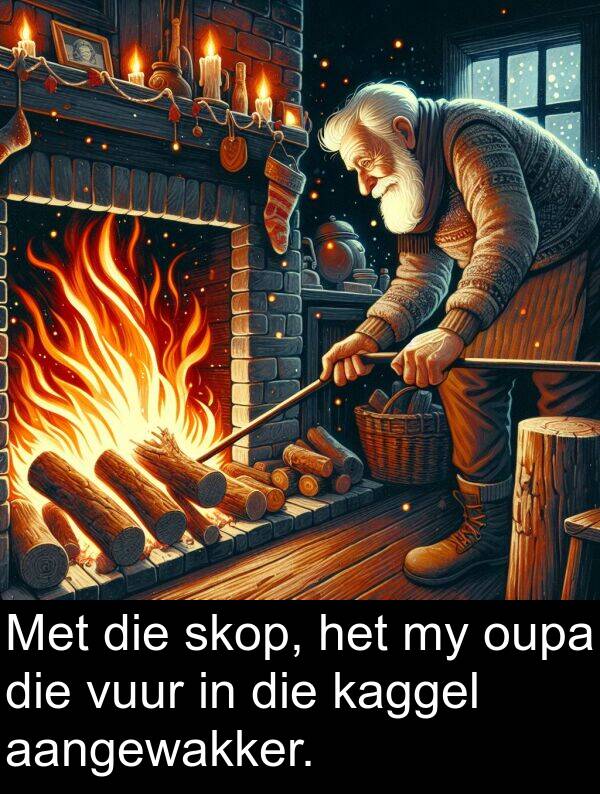 kaggel: Met die skop, het my oupa die vuur in die kaggel aangewakker.