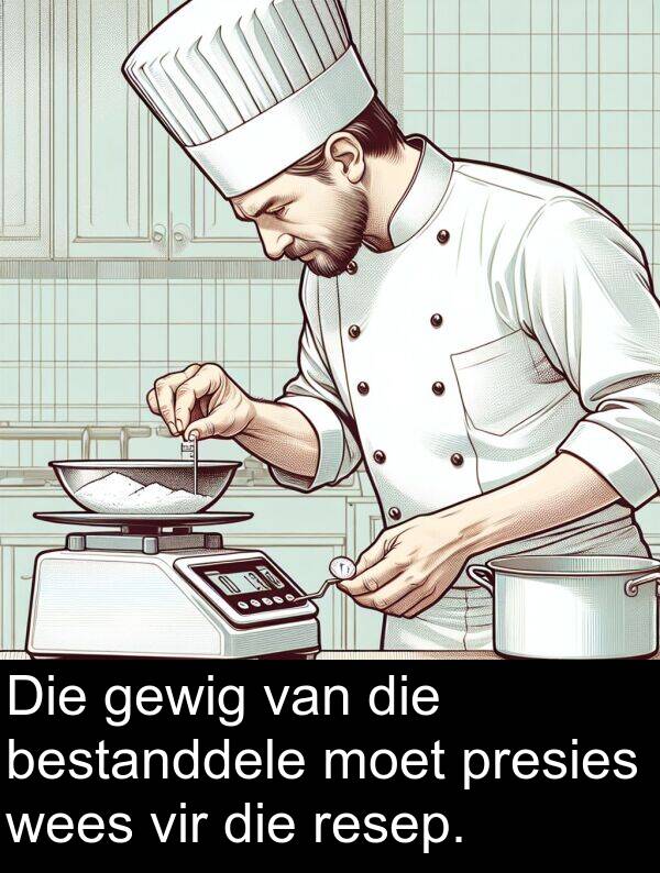 bestanddele: Die gewig van die bestanddele moet presies wees vir die resep.