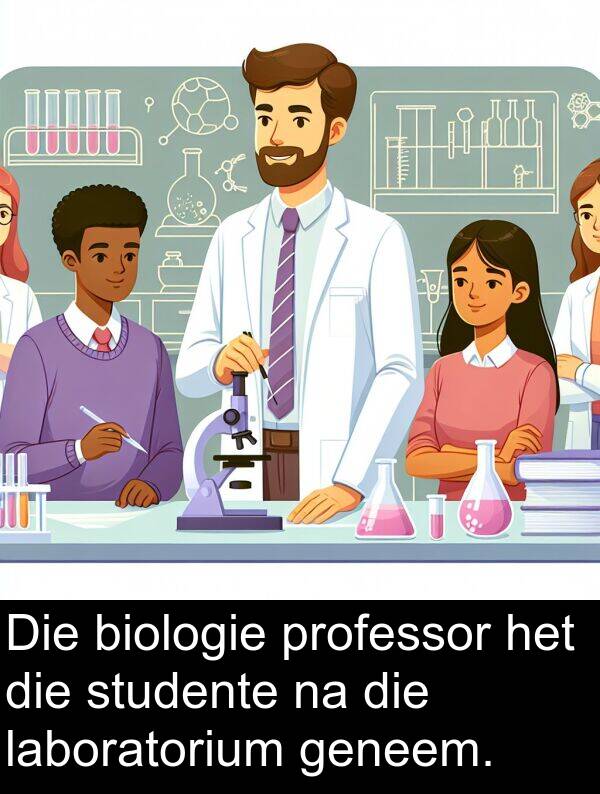 professor: Die biologie professor het die studente na die laboratorium geneem.