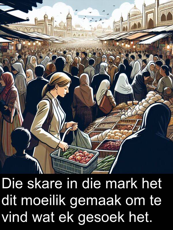 mark: Die skare in die mark het dit moeilik gemaak om te vind wat ek gesoek het.