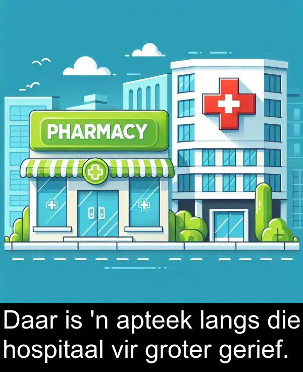 hospitaal: Daar is 'n apteek langs die hospitaal vir groter gerief.