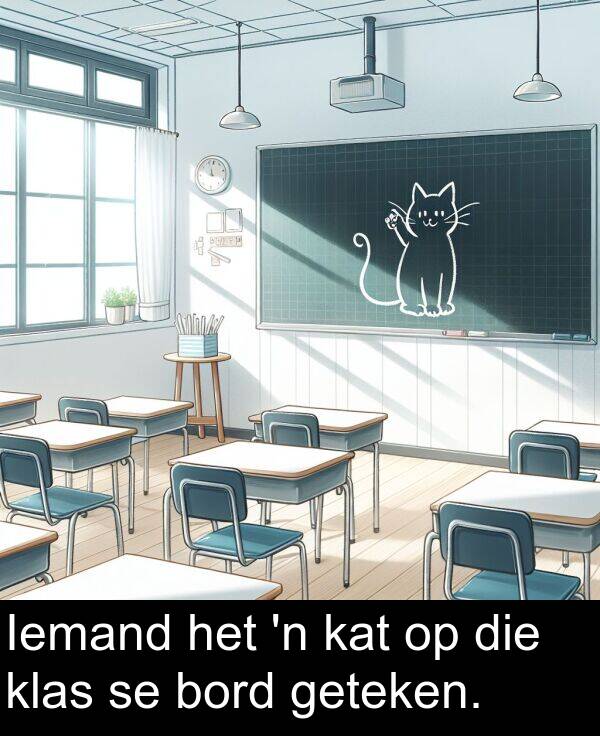 klas: Iemand het 'n kat op die klas se bord geteken.