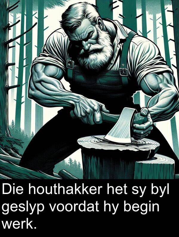 begin: Die houthakker het sy byl geslyp voordat hy begin werk.