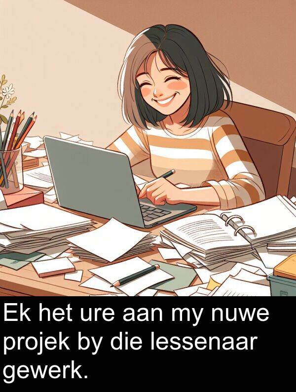 nuwe: Ek het ure aan my nuwe projek by die lessenaar gewerk.