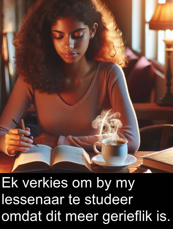 omdat: Ek verkies om by my lessenaar te studeer omdat dit meer gerieflik is.