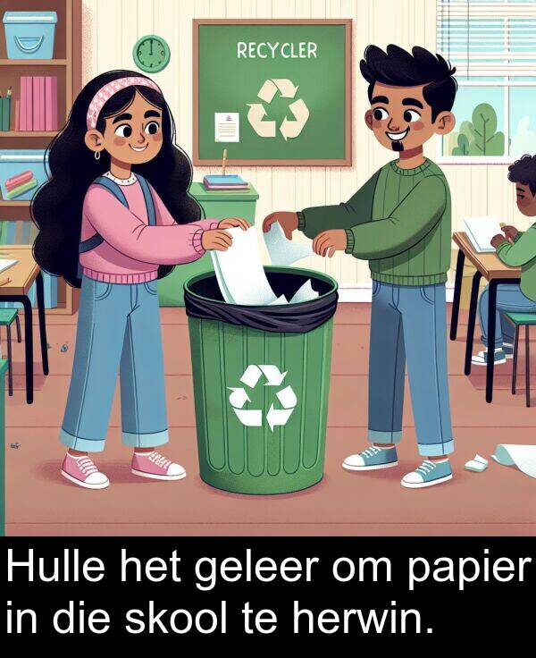 papier: Hulle het geleer om papier in die skool te herwin.