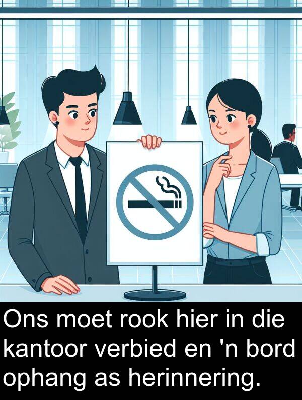 herinnering: Ons moet rook hier in die kantoor verbied en 'n bord ophang as herinnering.