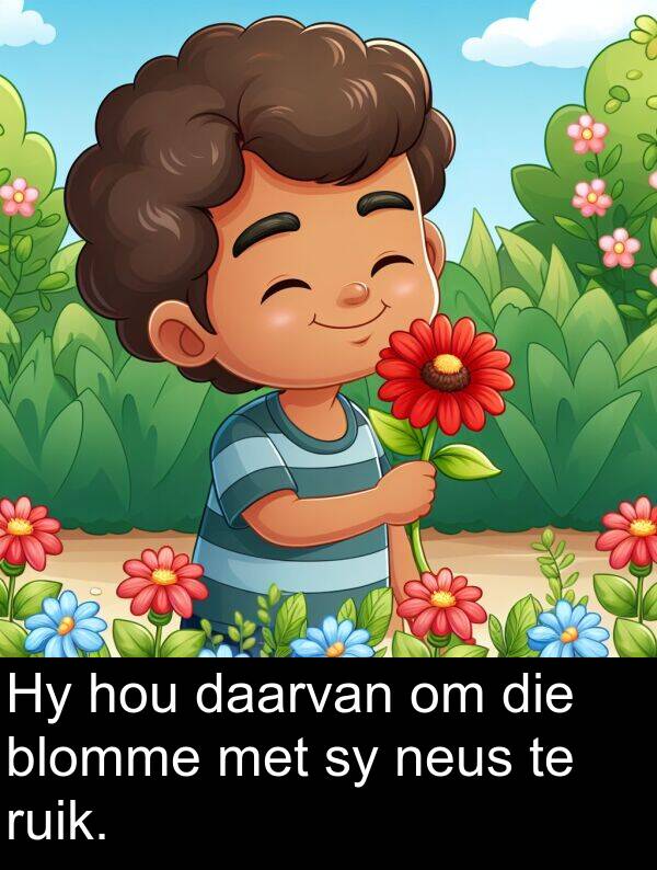 neus: Hy hou daarvan om die blomme met sy neus te ruik.