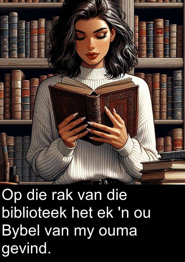 rak: Op die rak van die biblioteek het ek 'n ou Bybel van my ouma gevind.