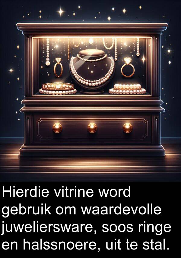 halssnoere: Hierdie vitrine word gebruik om waardevolle juweliersware, soos ringe en halssnoere, uit te stal.