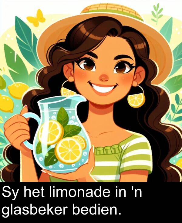 bedien: Sy het limonade in 'n glasbeker bedien.