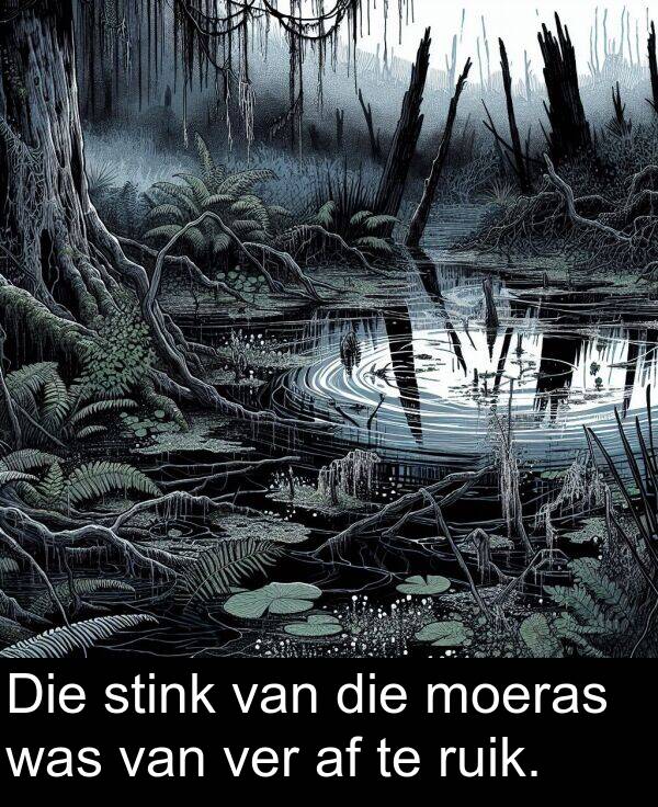 ver: Die stink van die moeras was van ver af te ruik.