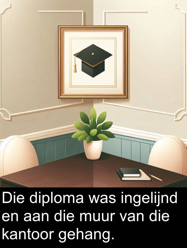 gehang: Die diploma was ingelijnd en aan die muur van die kantoor gehang.