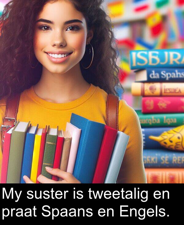 praat: My suster is tweetalig en praat Spaans en Engels.