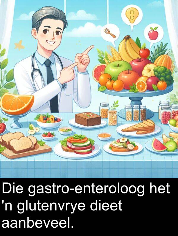 aanbeveel: Die gastro-enteroloog het 'n glutenvrye dieet aanbeveel.