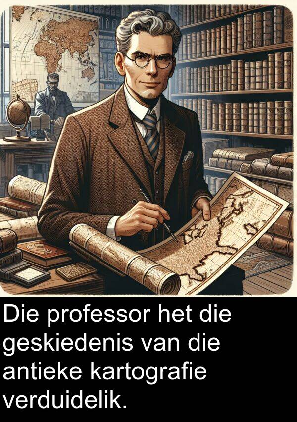 professor: Die professor het die geskiedenis van die antieke kartografie verduidelik.