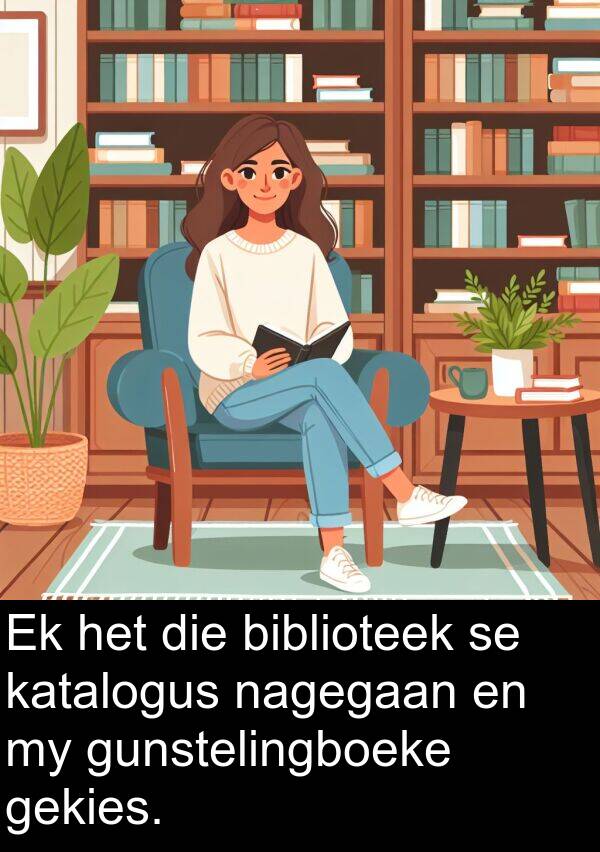 nagegaan: Ek het die biblioteek se katalogus nagegaan en my gunstelingboeke gekies.