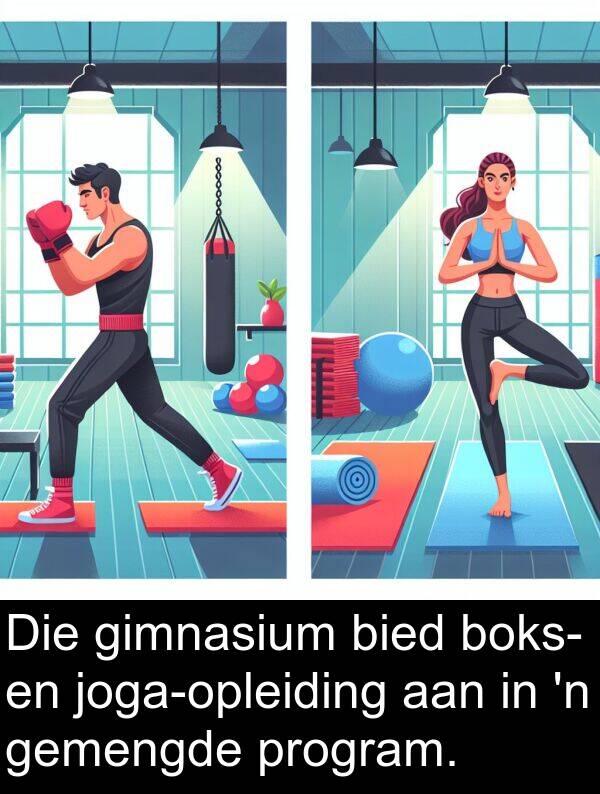 program: Die gimnasium bied boks- en joga-opleiding aan in 'n gemengde program.