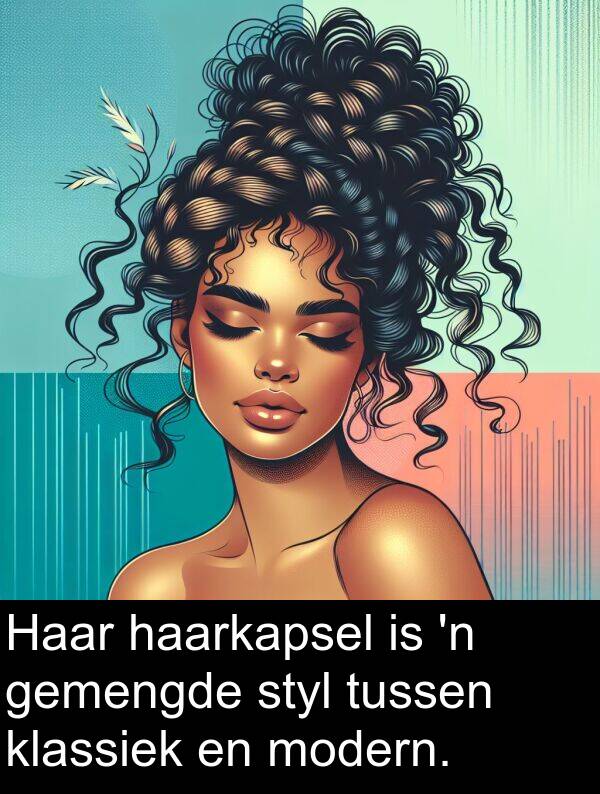 haarkapsel: Haar haarkapsel is 'n gemengde styl tussen klassiek en modern.