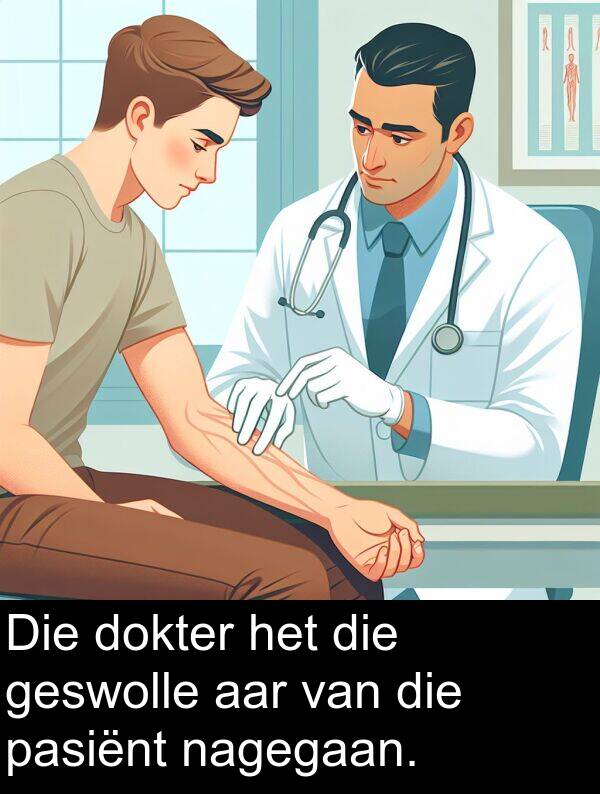 nagegaan: Die dokter het die geswolle aar van die pasiënt nagegaan.