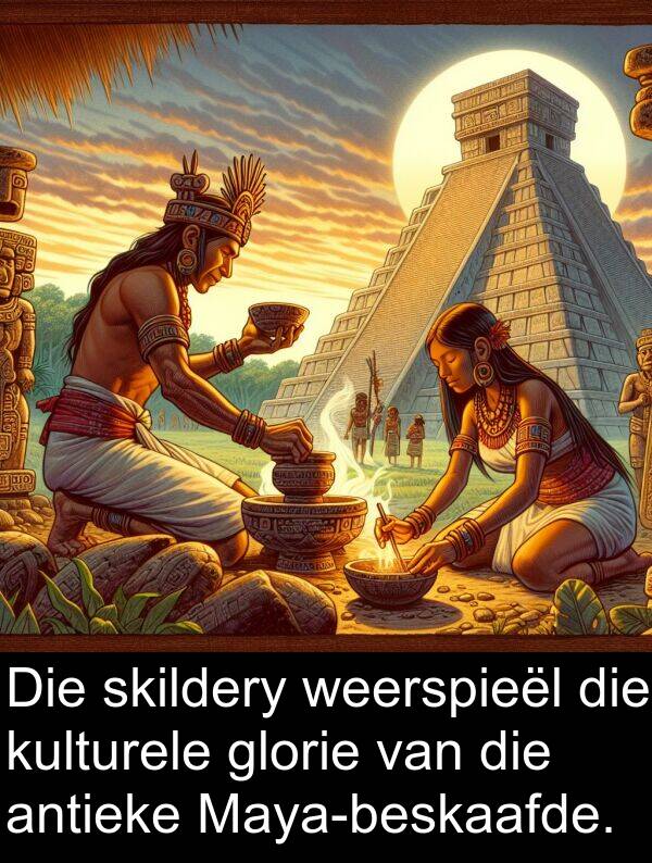 weerspieël: Die skildery weerspieël die kulturele glorie van die antieke Maya-beskaafde.