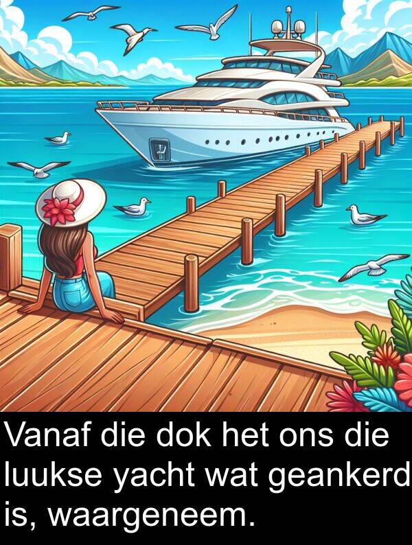 geankerd: Vanaf die dok het ons die luukse yacht wat geankerd is, waargeneem.