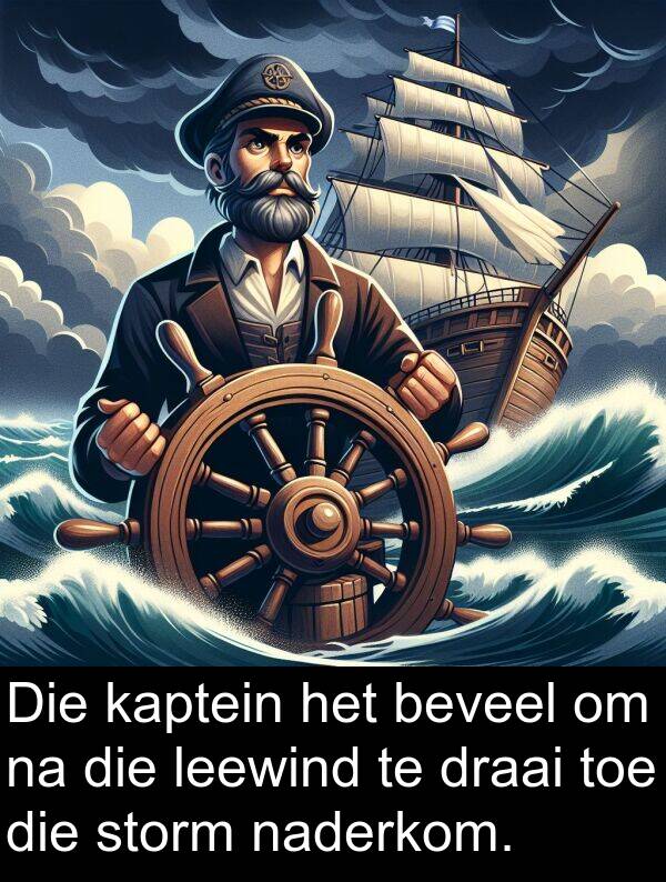 beveel: Die kaptein het beveel om na die leewind te draai toe die storm naderkom.