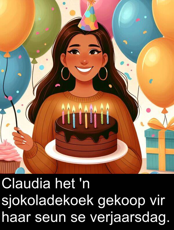 gekoop: Claudia het 'n sjokoladekoek gekoop vir haar seun se verjaarsdag.