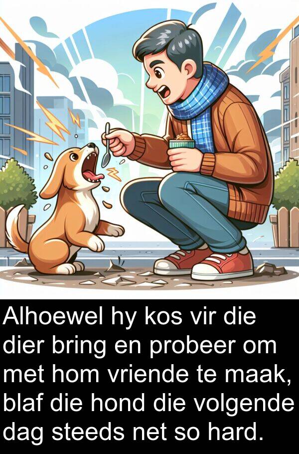 hard: Alhoewel hy kos vir die dier bring en probeer om met hom vriende te maak, blaf die hond die volgende dag steeds net so hard.