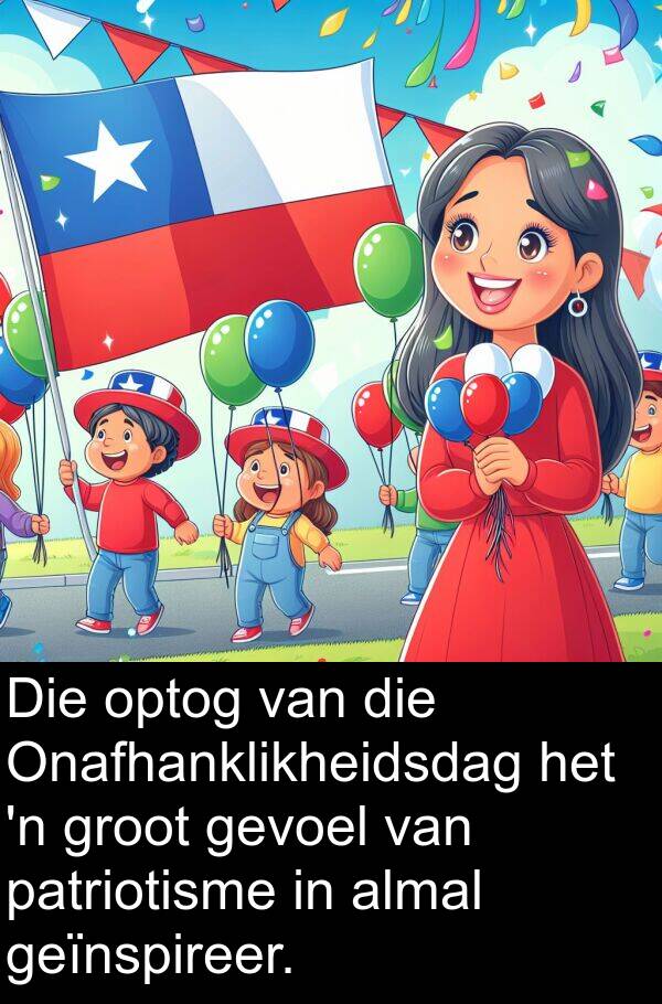 patriotisme: Die optog van die Onafhanklikheidsdag het 'n groot gevoel van patriotisme in almal geïnspireer.