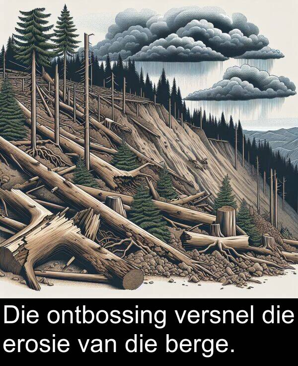 berge: Die ontbossing versnel die erosie van die berge.