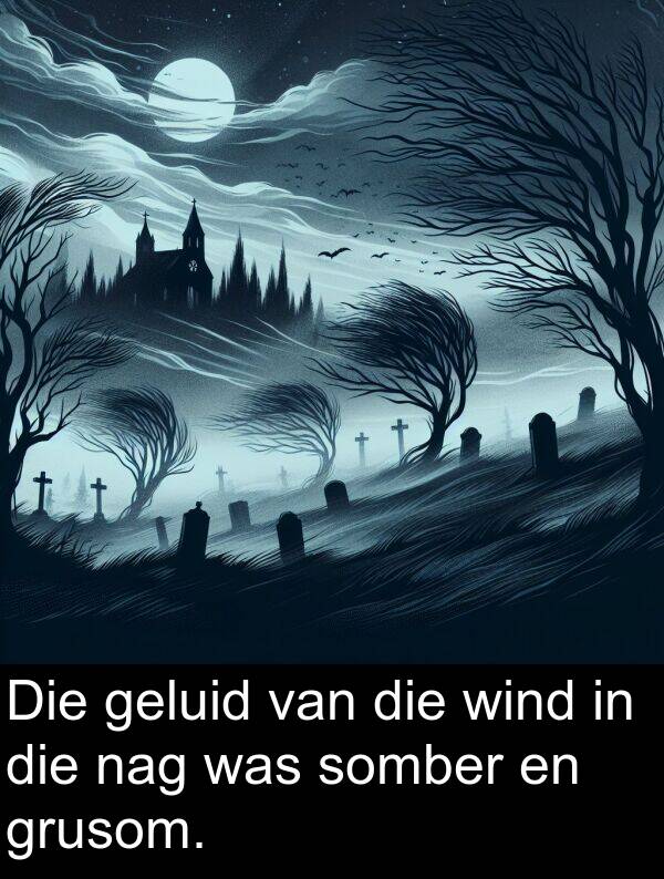 nag: Die geluid van die wind in die nag was somber en grusom.