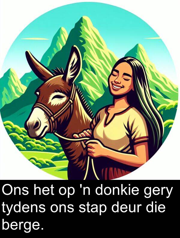 berge: Ons het op 'n donkie gery tydens ons stap deur die berge.