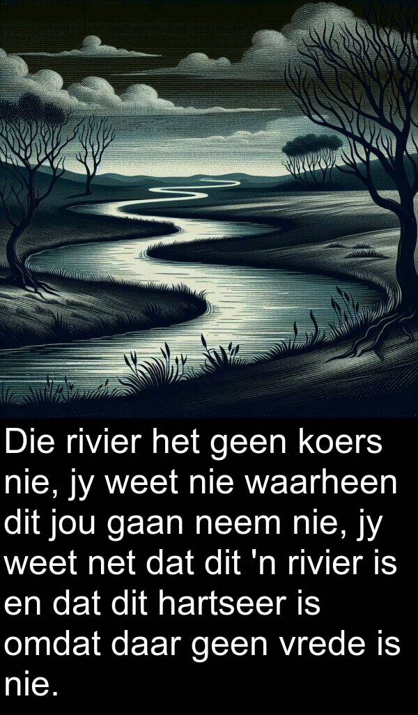 geen: Die rivier het geen koers nie, jy weet nie waarheen dit jou gaan neem nie, jy weet net dat dit 'n rivier is en dat dit hartseer is omdat daar geen vrede is nie.