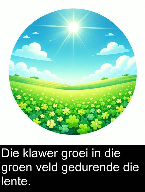 gedurende: Die klawer groei in die groen veld gedurende die lente.