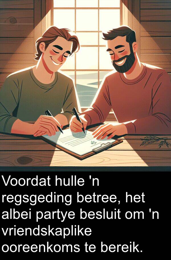 betree: Voordat hulle 'n regsgeding betree, het albei partye besluit om 'n vriendskaplike ooreenkoms te bereik.